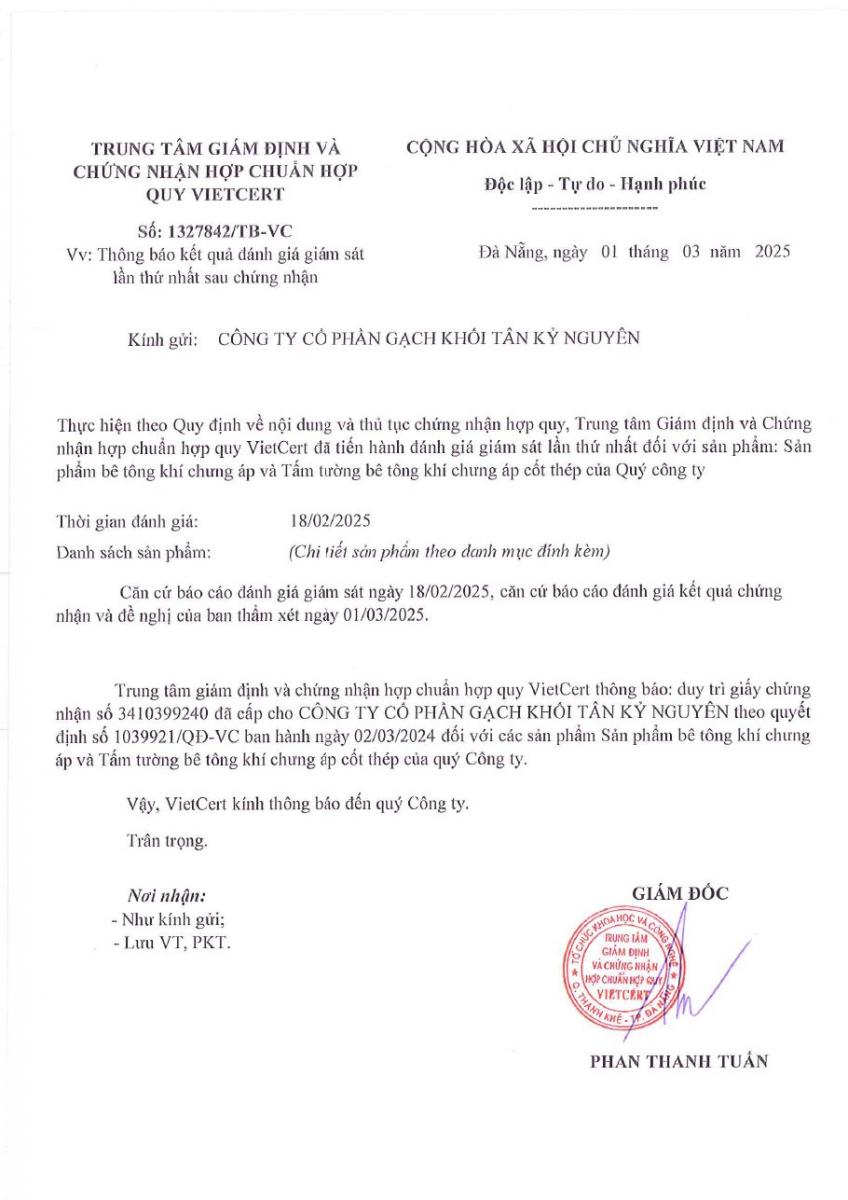 Giấy chứng nhận hợp quy QCVN 16:2023/BXD số 3410399240 của Vietcert cho gạch AAC E-Block và tấm ALC EPANEL