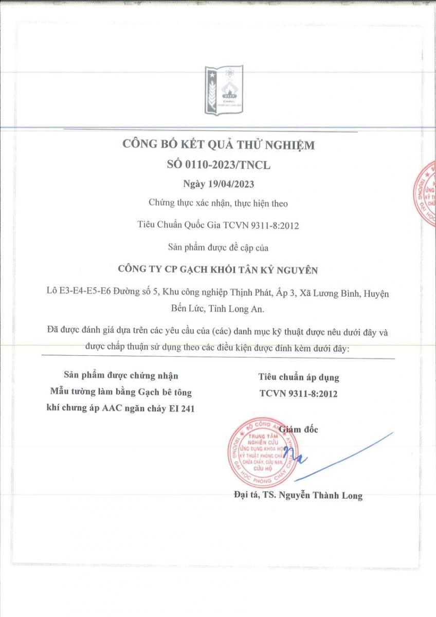 Công bố kết quả thử nghiệm chịu lửa số 0110-2023/TNCL của Trường Đại học PCCC cho mẫu tường gạch AAC E-Block theo TCVN 9311-8:2012