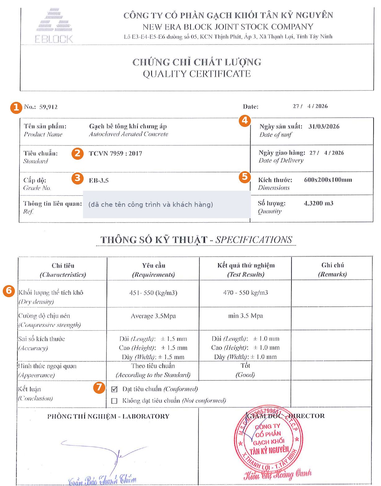 Chứng chỉ chất lượng gạch AAC E-Block theo TCVN 7959:2017 có chú thích các ô cần đối chiếu khi nhận hàng