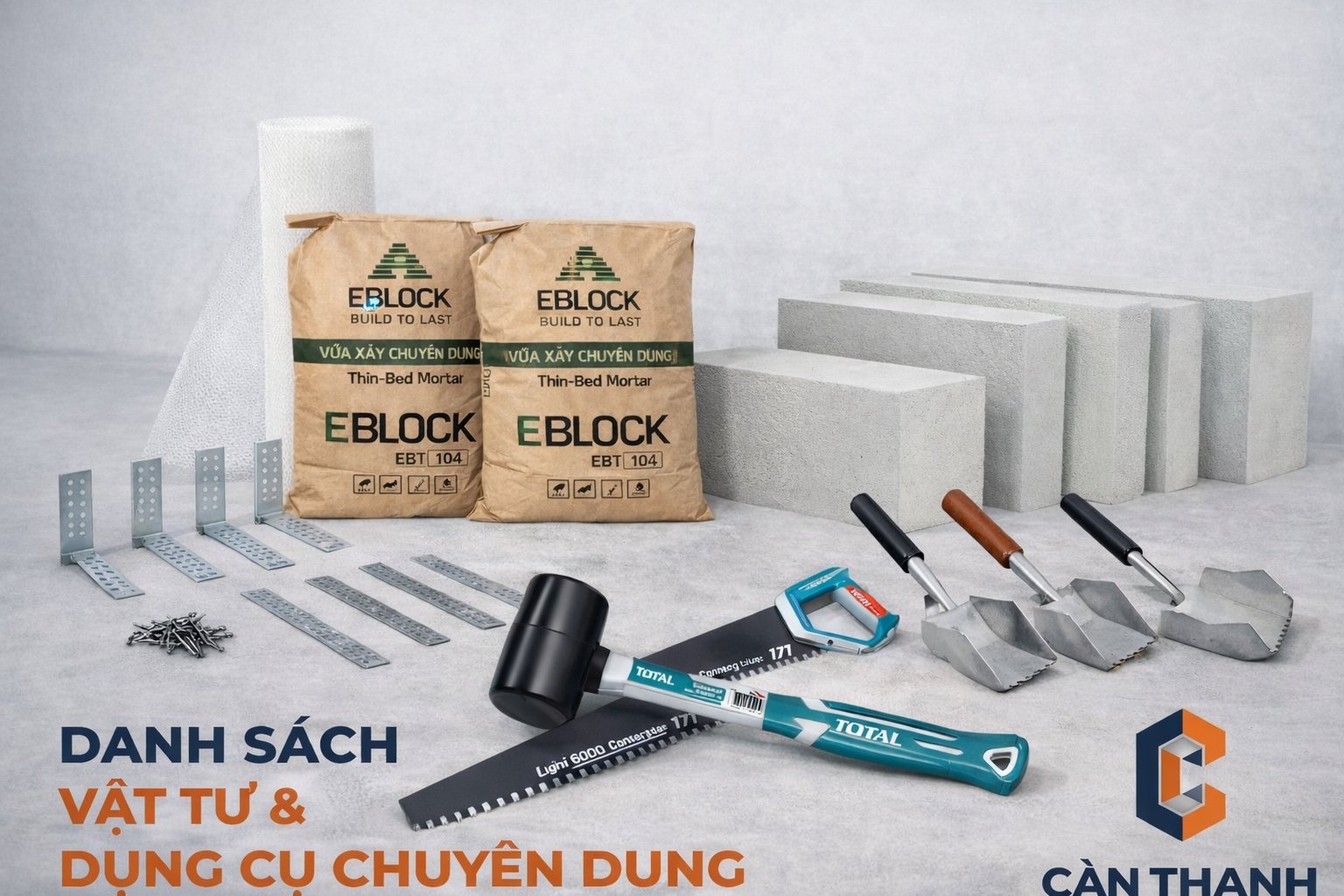 Dụng cụ thi công gạch AAC: cưa tay chuyên dụng AAC, bay răng cưa, búa cao su, vữa xây EBT-104, pát thép, lưới thủy tinh